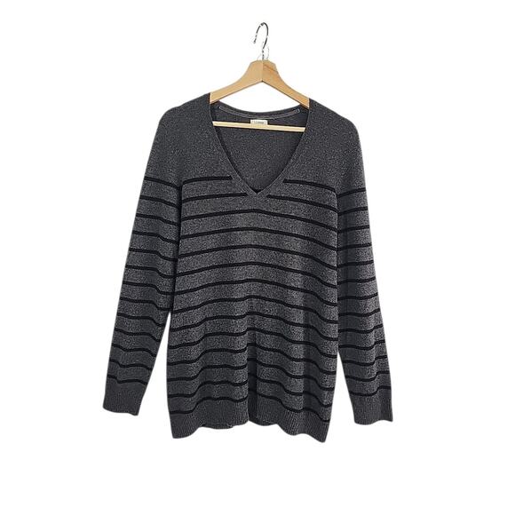 L.L.Bean 100% Cashmere V-Neck Sweater Men M Charcoal Gray Stripe Classic Office - Picture 2 of 12